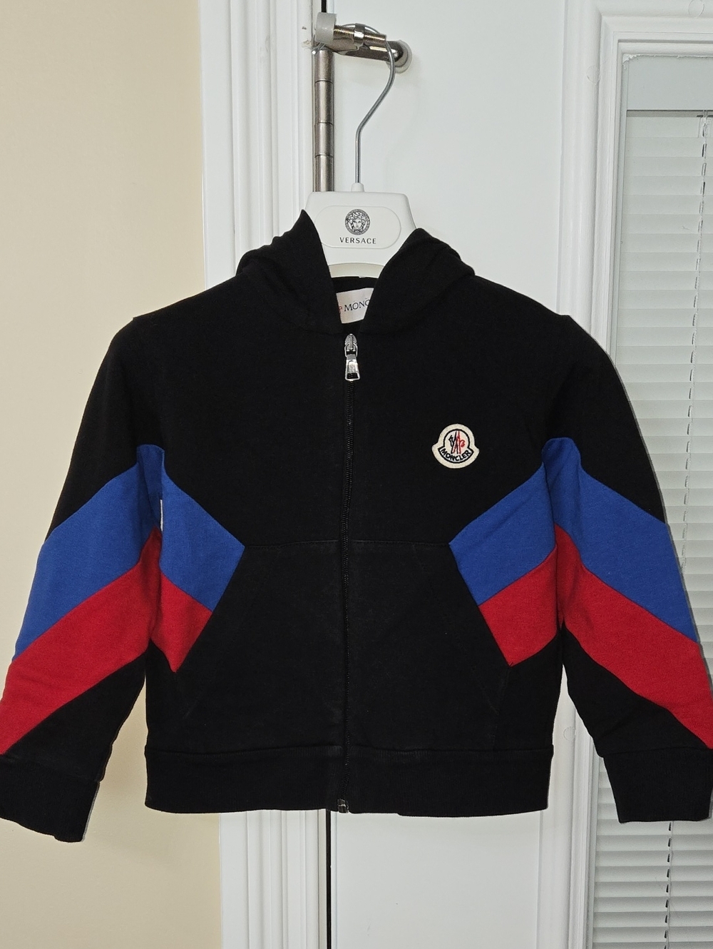 Moncler Kids Black Hoodie with Blue & Red Chevron Sleeves